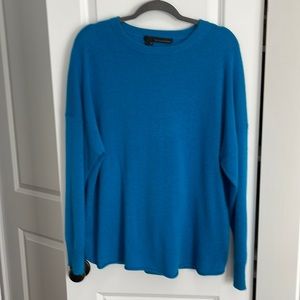 Bright peacock, blue cashmere, long sleeve sweater with rolled hem